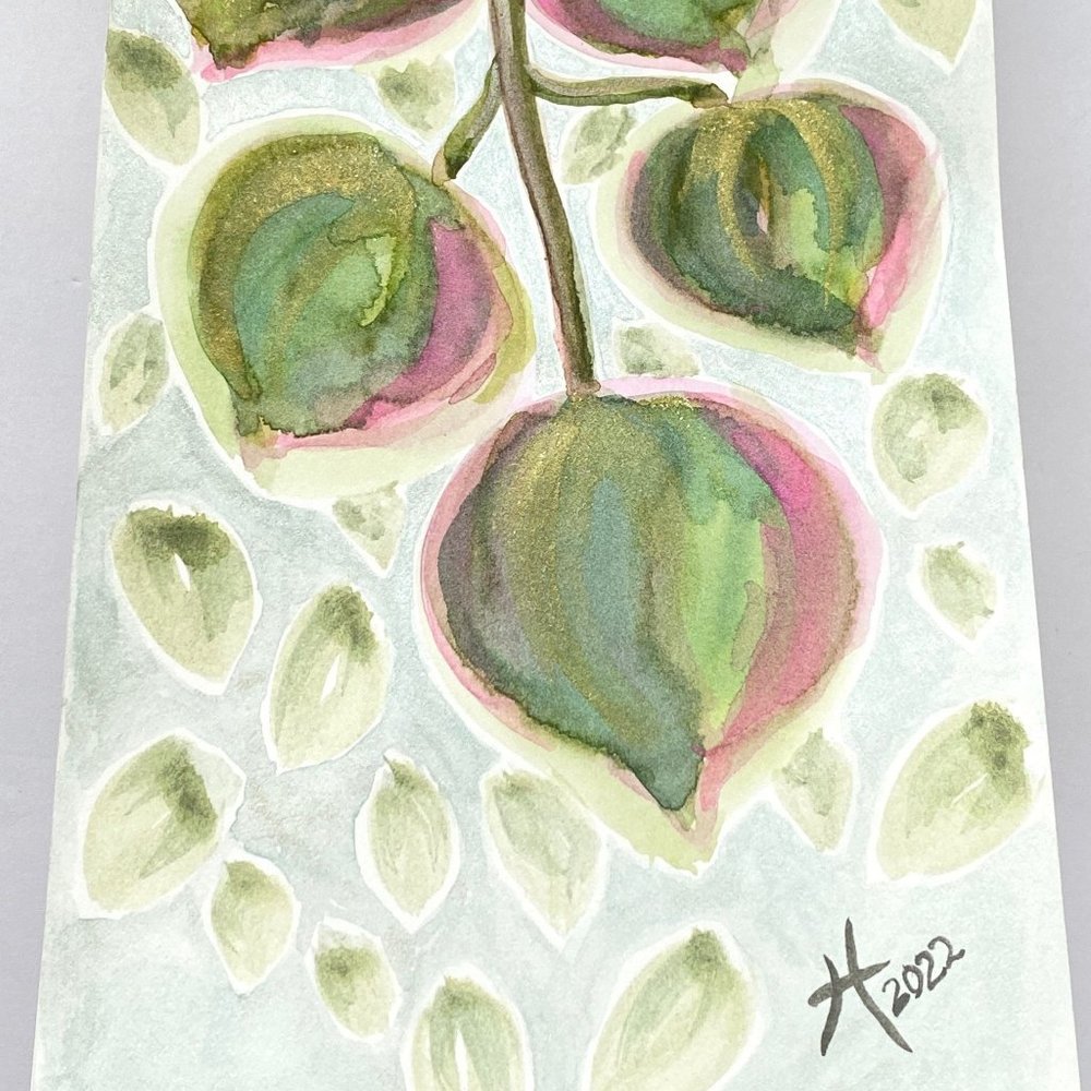 Glitter Leaves 2 - Original Wall Art Watercolor Leaf Branch Painting by Artist T